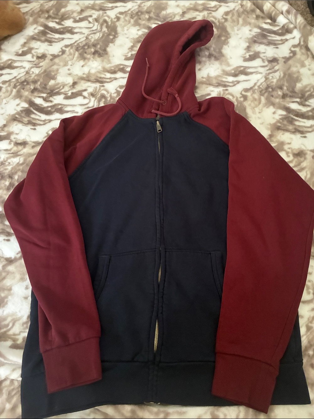 Old navy maroon and navy blue zip up hoodie